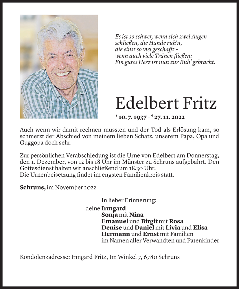  Todesanzeige für Edelbert Fritz vom 30.11.2022 aus Vorarlberger Nachrichten