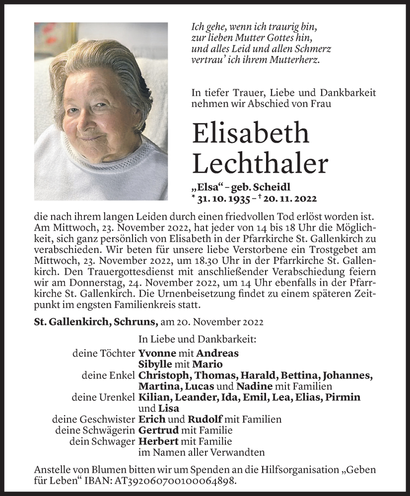  Todesanzeige für Elisabeth Lechthaler vom 21.11.2022 aus vorarlberger nachrichten