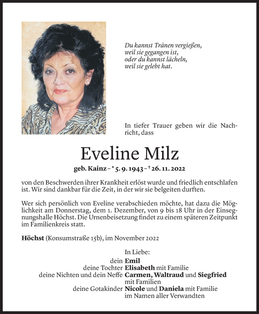  Todesanzeige für Eveline Milz vom 29.11.2022 aus Vorarlberger Nachrichten