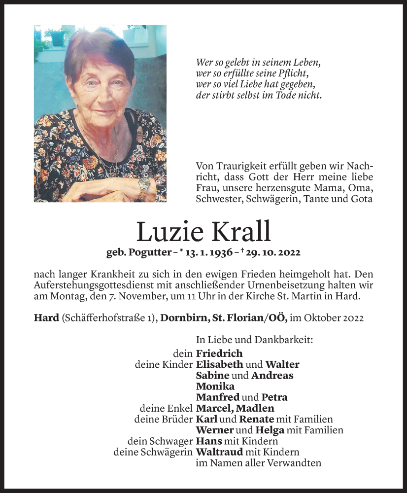  Todesanzeige für Luzie Krall vom 04.11.2022 aus Vorarlberger Nachrichten