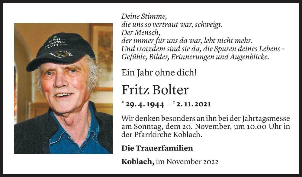  Todesanzeige für Fritz Bolter vom 05.11.2022 aus Vorarlberger Nachrichten