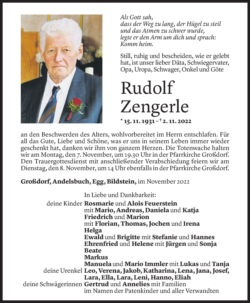  Todesanzeige für Rudolf Zengerle vom 04.11.2022 aus Vorarlberger Nachrichten