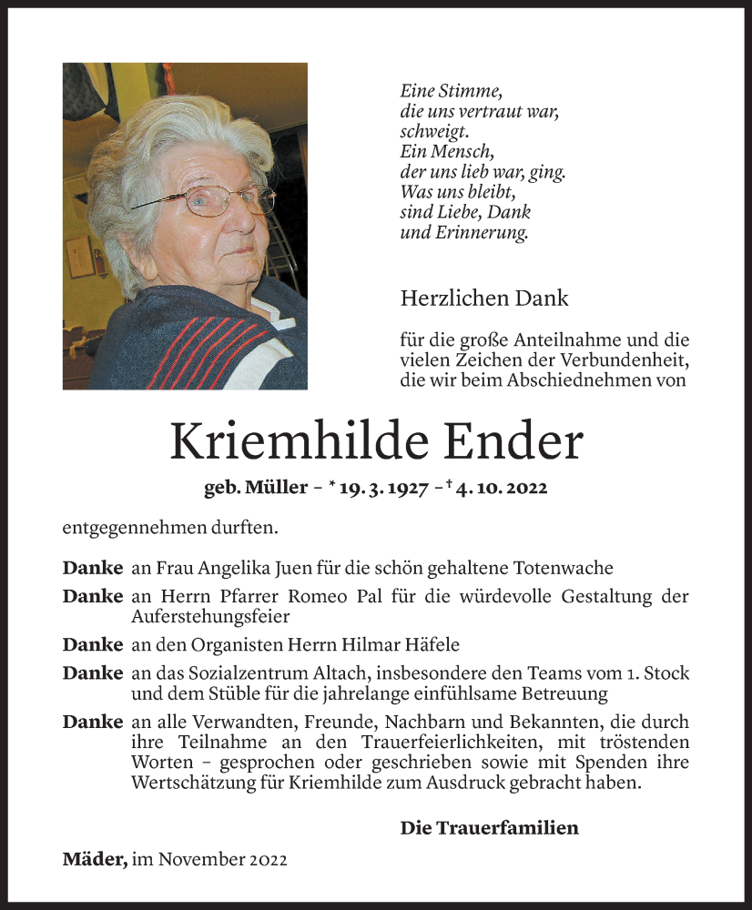  Todesanzeige für Kriemhilde Ender vom 23.11.2022 aus Vorarlberger Nachrichten