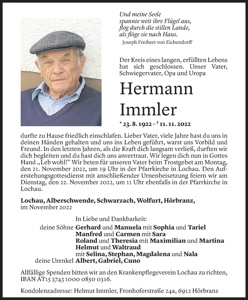  Todesanzeige für Hermann Immler vom 16.11.2022 aus Vorarlberger Nachrichten
