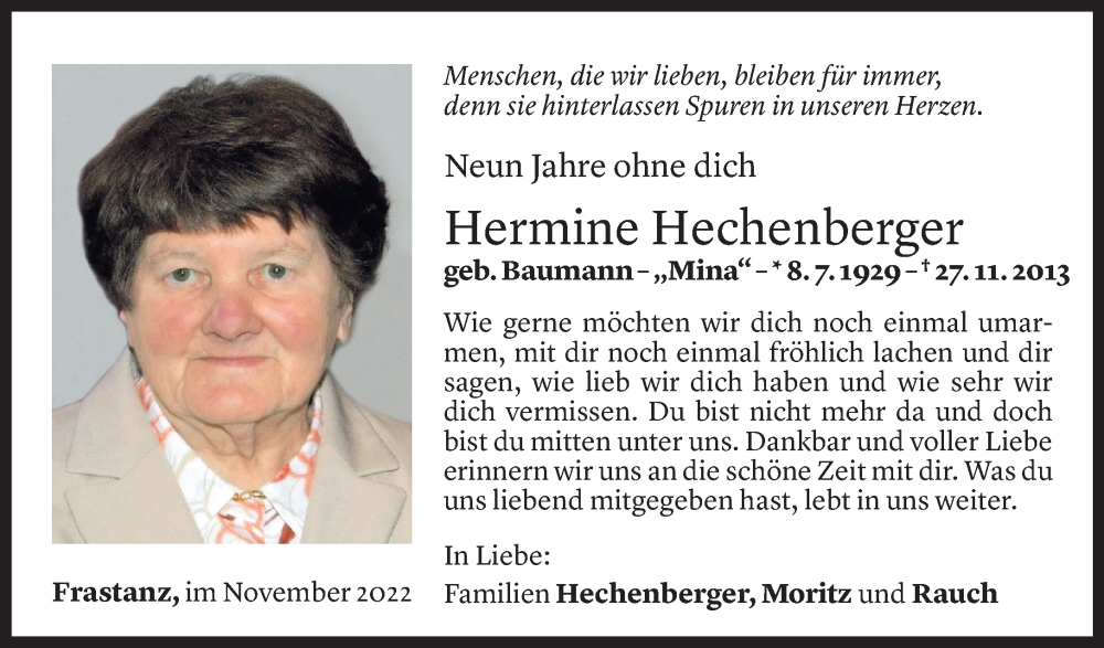  Todesanzeige für Hermine Hechenberger vom 25.11.2022 aus Vorarlberger Nachrichten
