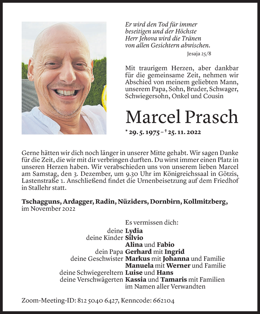  Todesanzeige für Marcel Prasch vom 30.11.2022 aus Vorarlberger Nachrichten