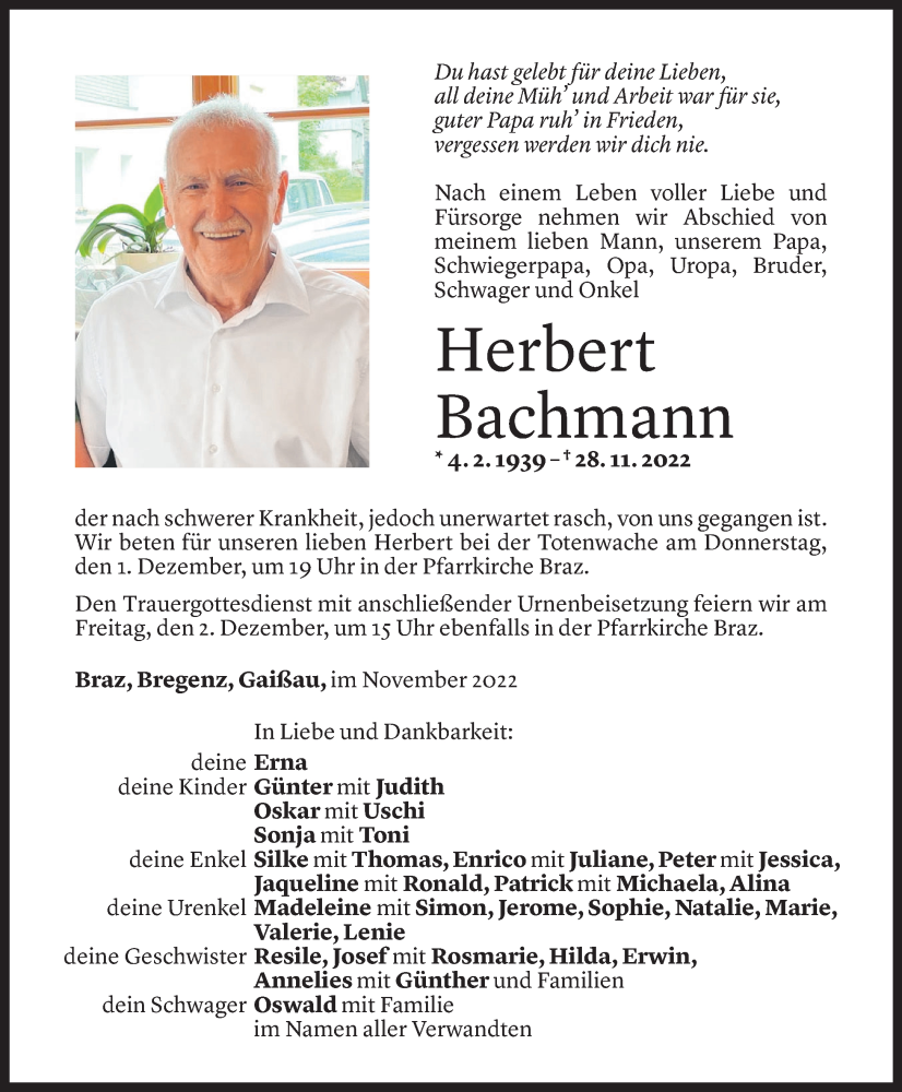  Todesanzeige für Herbert Bachmann vom 30.11.2022 aus Vorarlberger Nachrichten