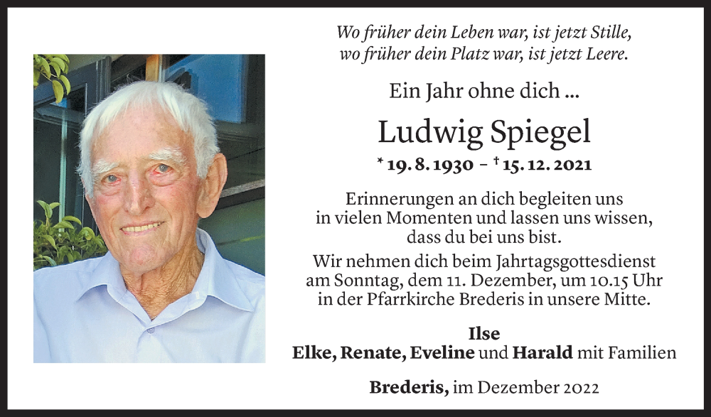 Todesanzeige für Ludwig Spiegel vom 08.12.2022 aus Vorarlberger Nachrichten