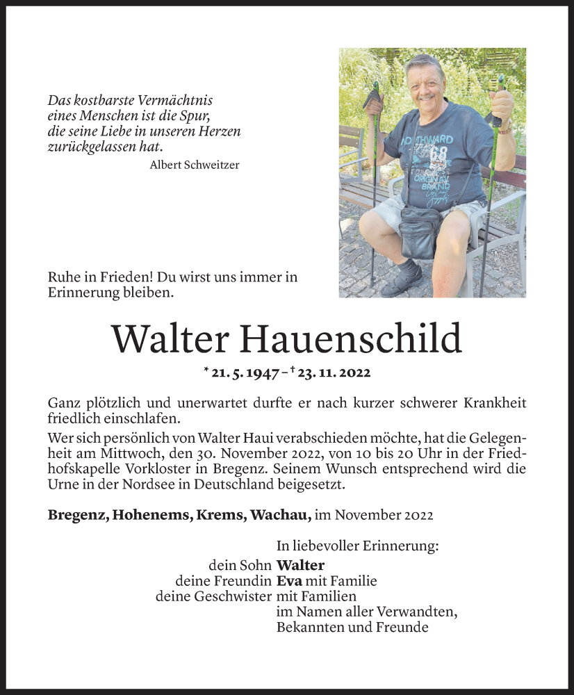  Todesanzeige für Walter Hauenschild vom 25.11.2022 aus Vorarlberger Nachrichten