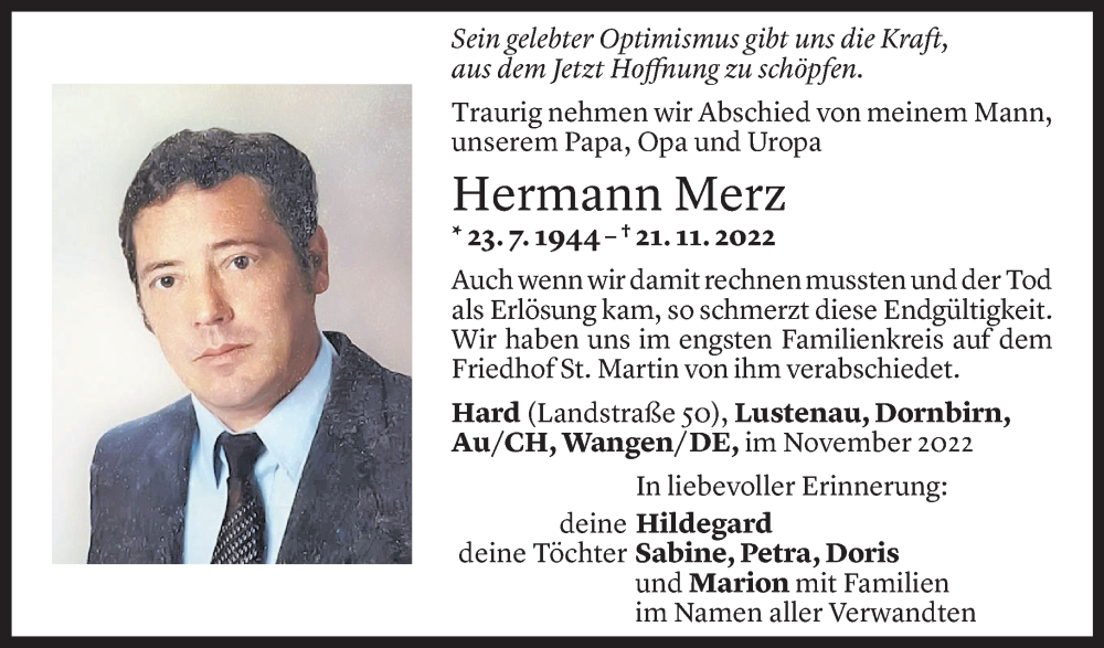  Todesanzeige für Hermann Merz vom 26.11.2022 aus Vorarlberger Nachrichten