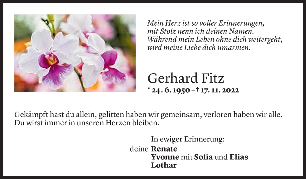 Todesanzeige für Gerhard Fitz vom 21.11.2022 aus Vorarlberger Nachrichten