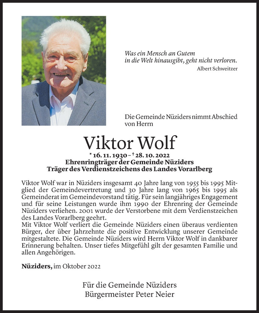  Todesanzeige für Viktor Wolf vom 02.11.2022 aus Vorarlberger Nachrichten