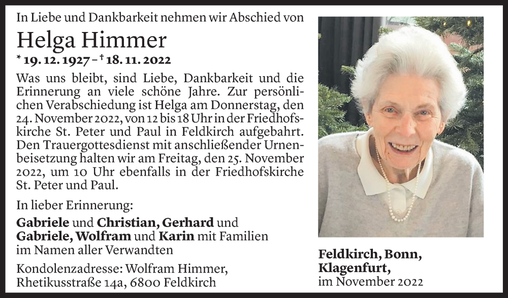  Todesanzeige für Helga Himmer vom 23.11.2022 aus Vorarlberger Nachrichten