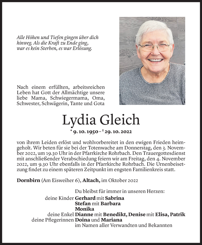  Todesanzeige für Lydia Gleich vom 02.11.2022 aus Vorarlberger Nachrichten