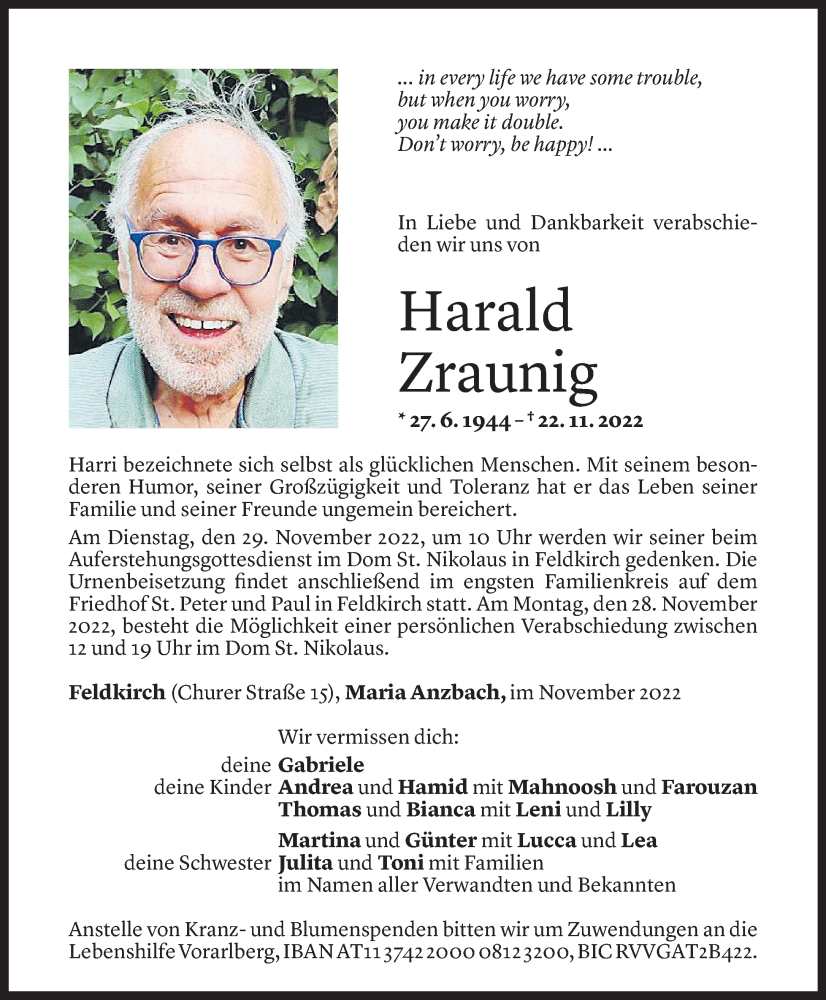  Todesanzeige für Harald Zraunig vom 25.11.2022 aus Vorarlberger Nachrichten
