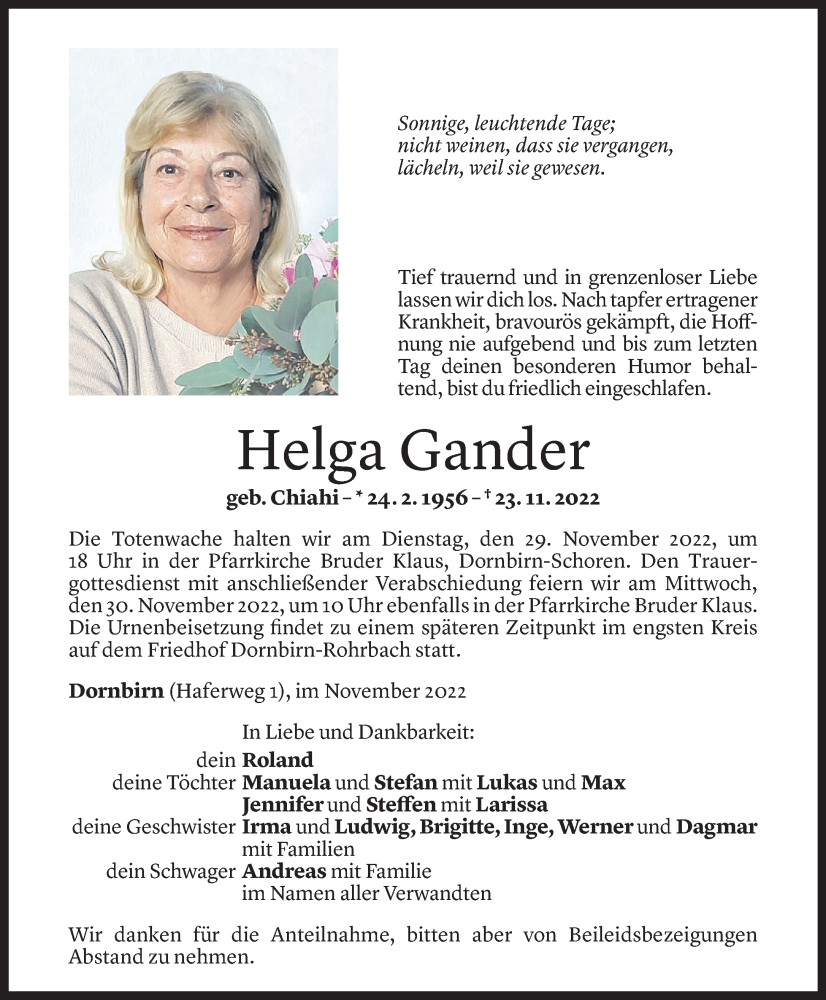  Todesanzeige für Helga Gander vom 25.11.2022 aus Vorarlberger Nachrichten