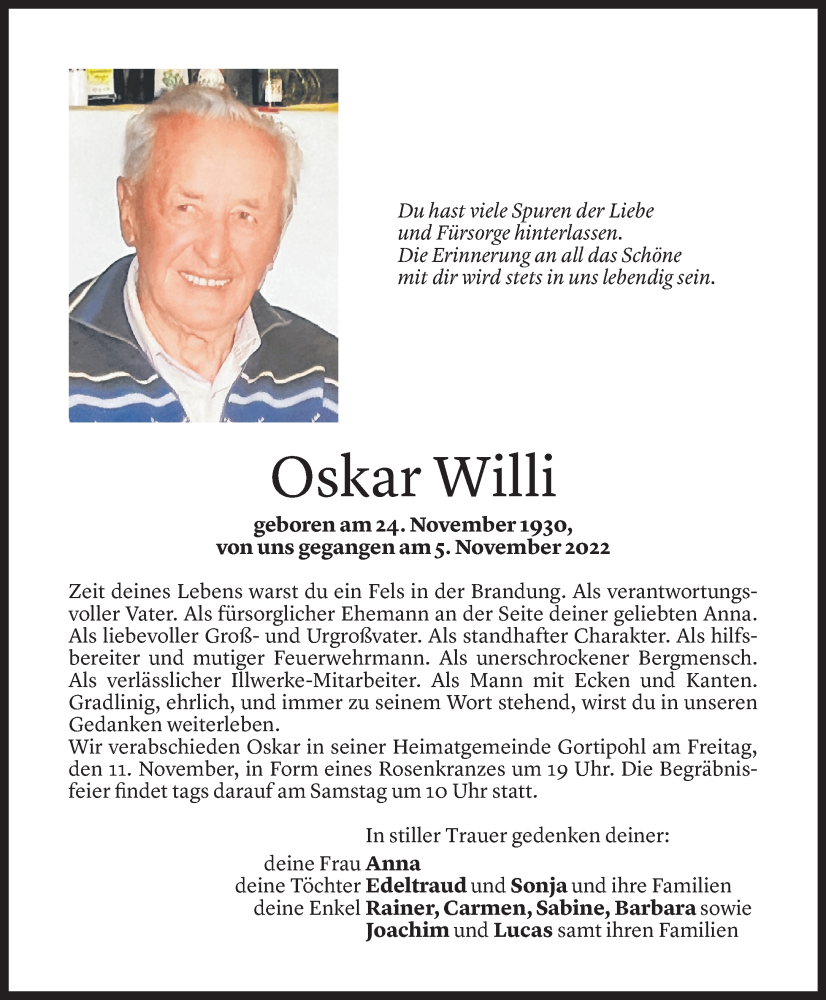  Todesanzeige für Oskar Willi vom 09.11.2022 aus Vorarlberger Nachrichten