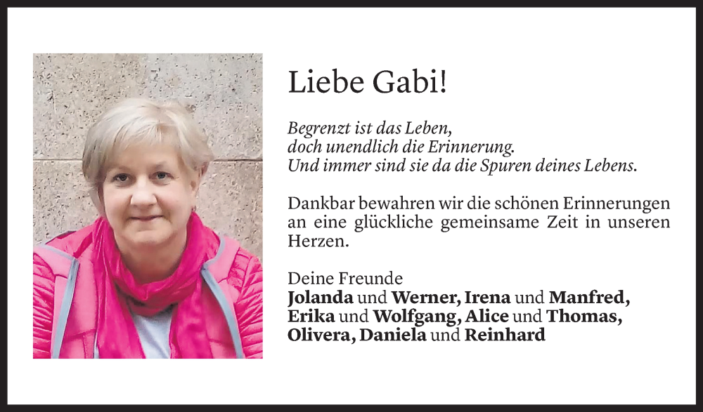  Todesanzeige für Gabi Messner vom 25.11.2022 aus Vorarlberger Nachrichten