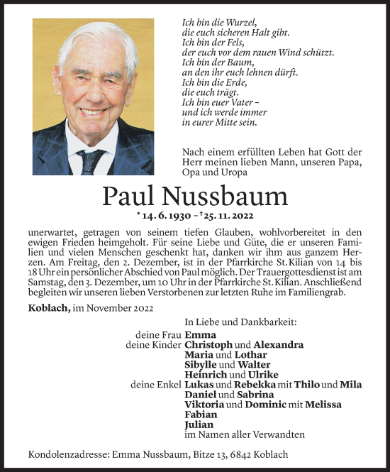Todesanzeige von Paul Nussbaum von Vorarlberger Nachrichten