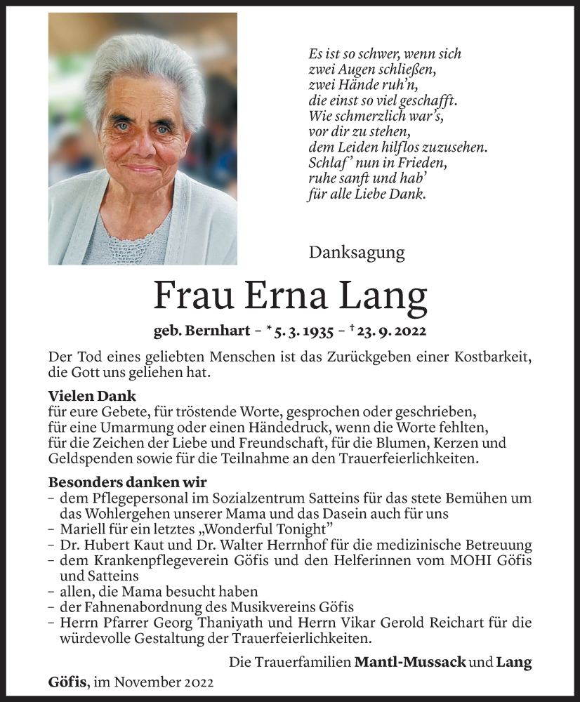  Todesanzeige für Erna Lang vom 05.11.2022 aus Vorarlberger Nachrichten