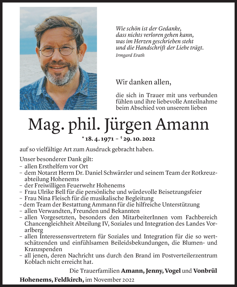  Todesanzeige für Jürgen Amann vom 26.11.2022 aus Vorarlberger Nachrichten