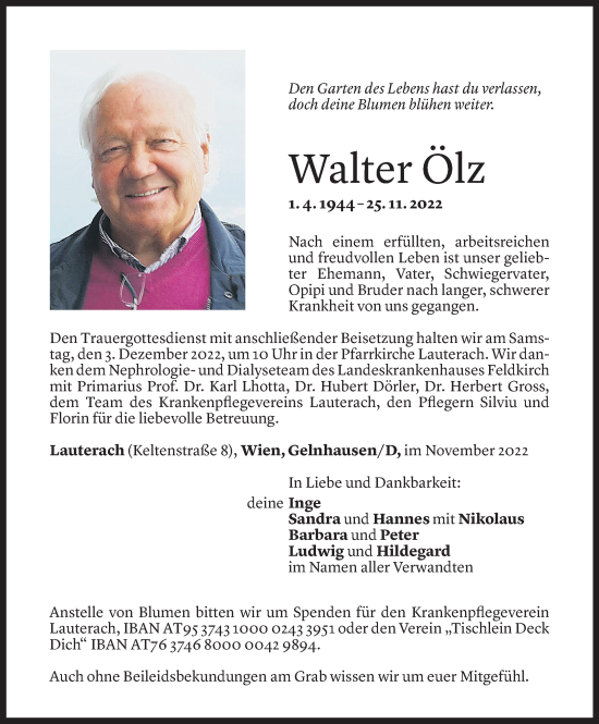 Todesanzeige von Walter Ölz von Vorarlberger Nachrichten