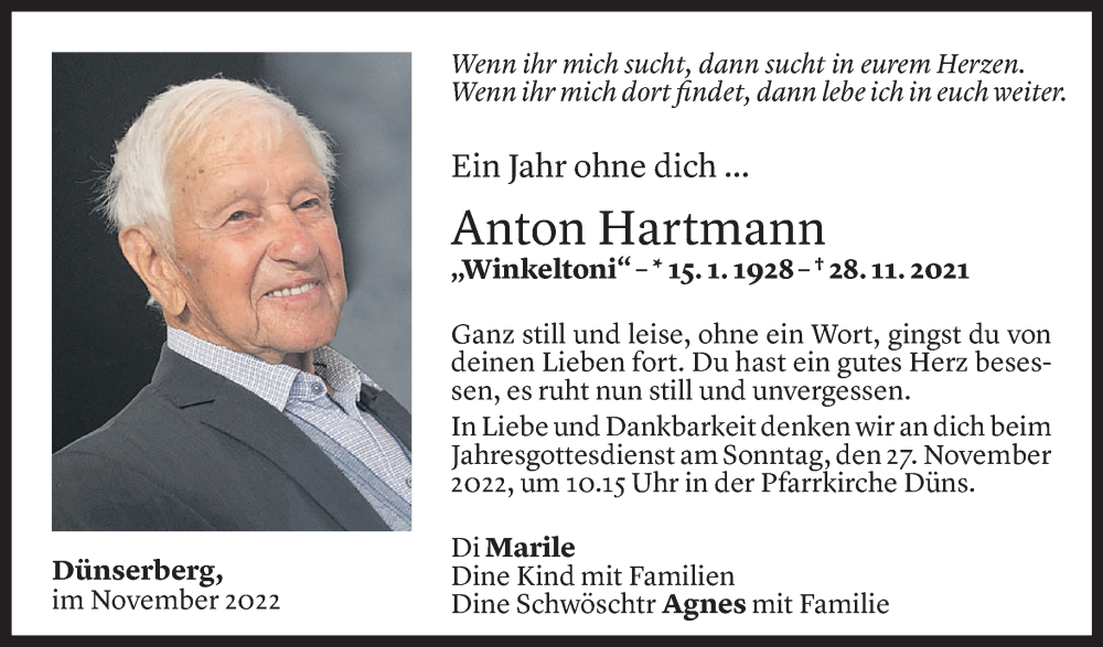  Todesanzeige für Anton Hartmann vom 25.11.2022 aus Vorarlberger Nachrichten