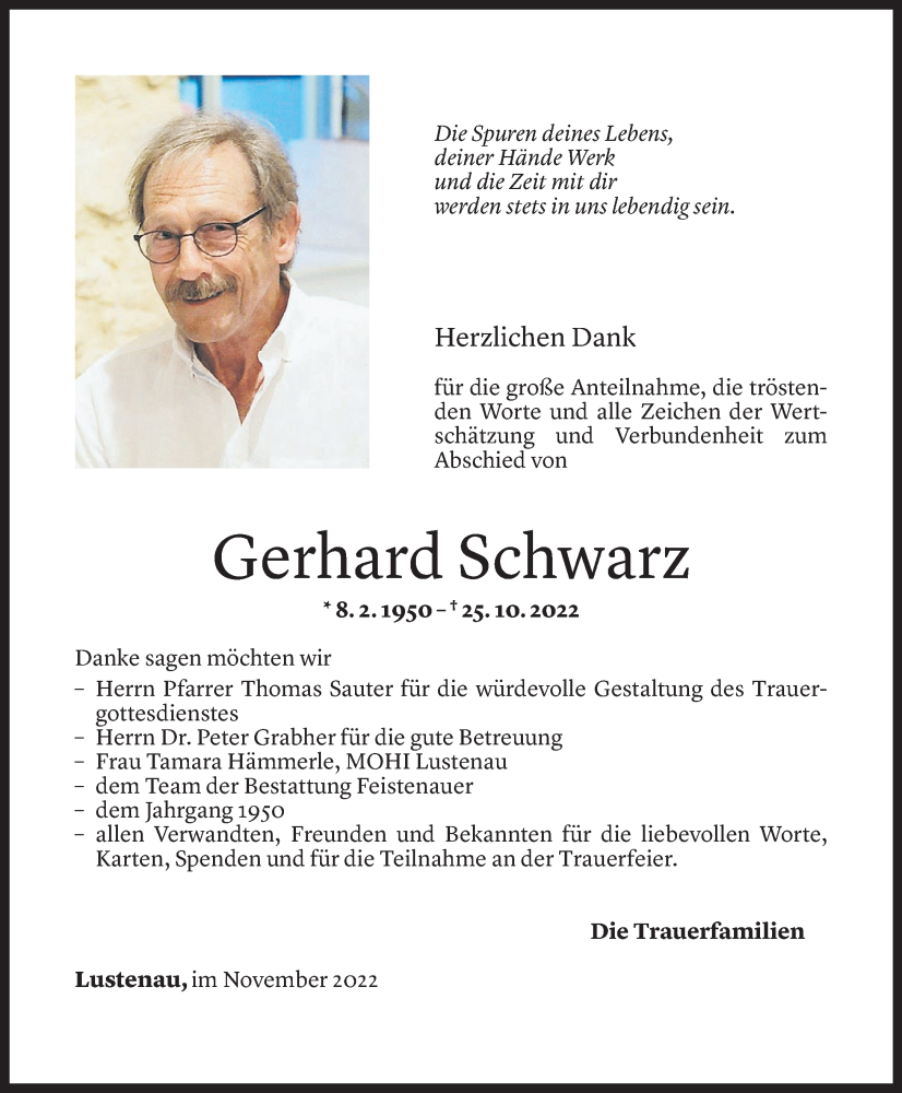  Todesanzeige für Gerhard Schwarz vom 24.11.2022 aus Vorarlberger Nachrichten