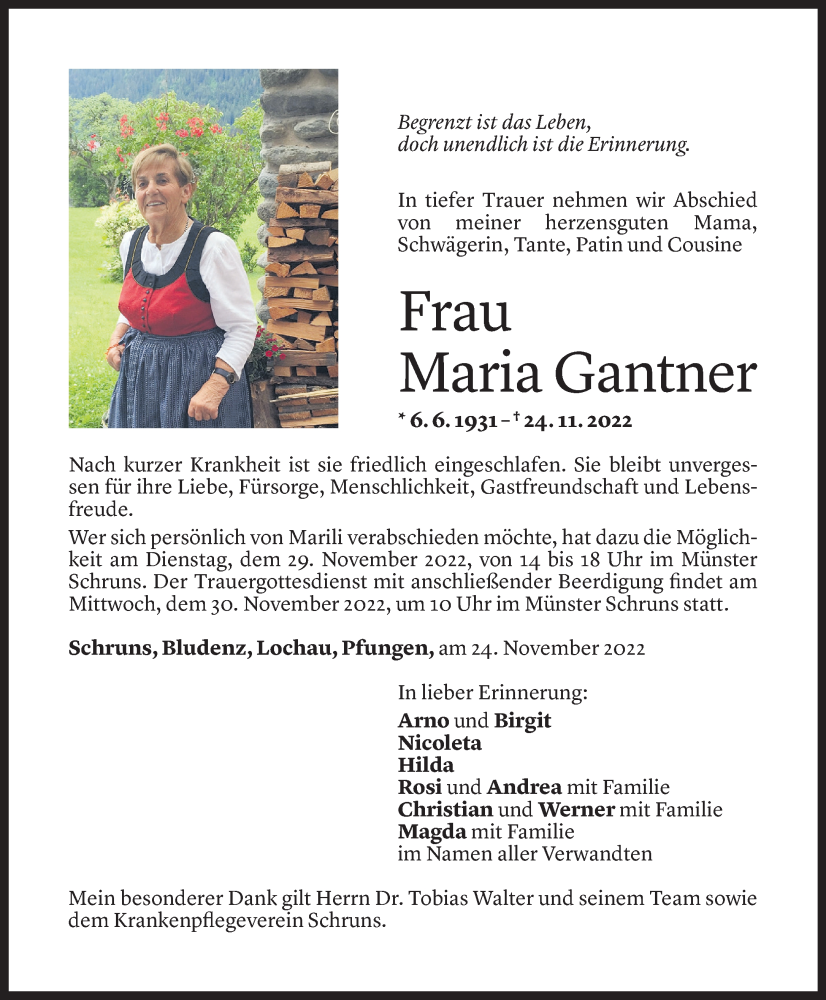  Todesanzeige für Maria Gantner vom 25.11.2022 aus Vorarlberger Nachrichten