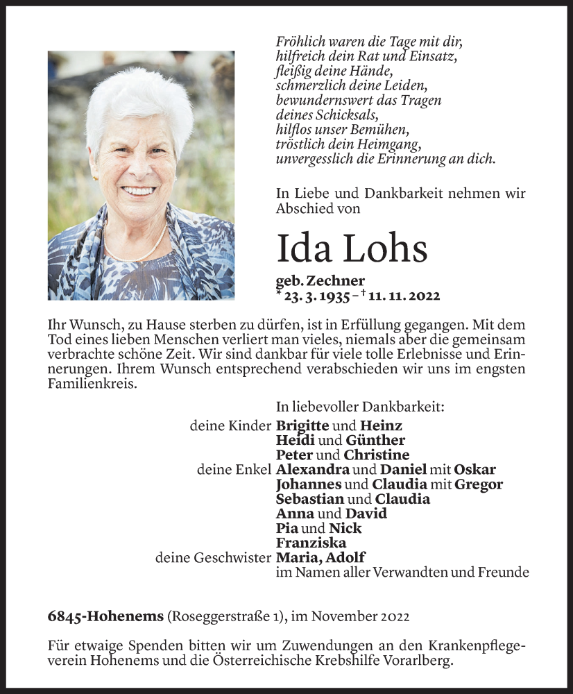  Todesanzeige für Ida Lohs vom 23.11.2022 aus Vorarlberger Nachrichten