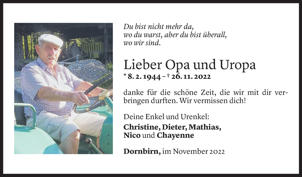  Todesanzeige für Heinz Karu vom 28.11.2022 aus Vorarlberger Nachrichten