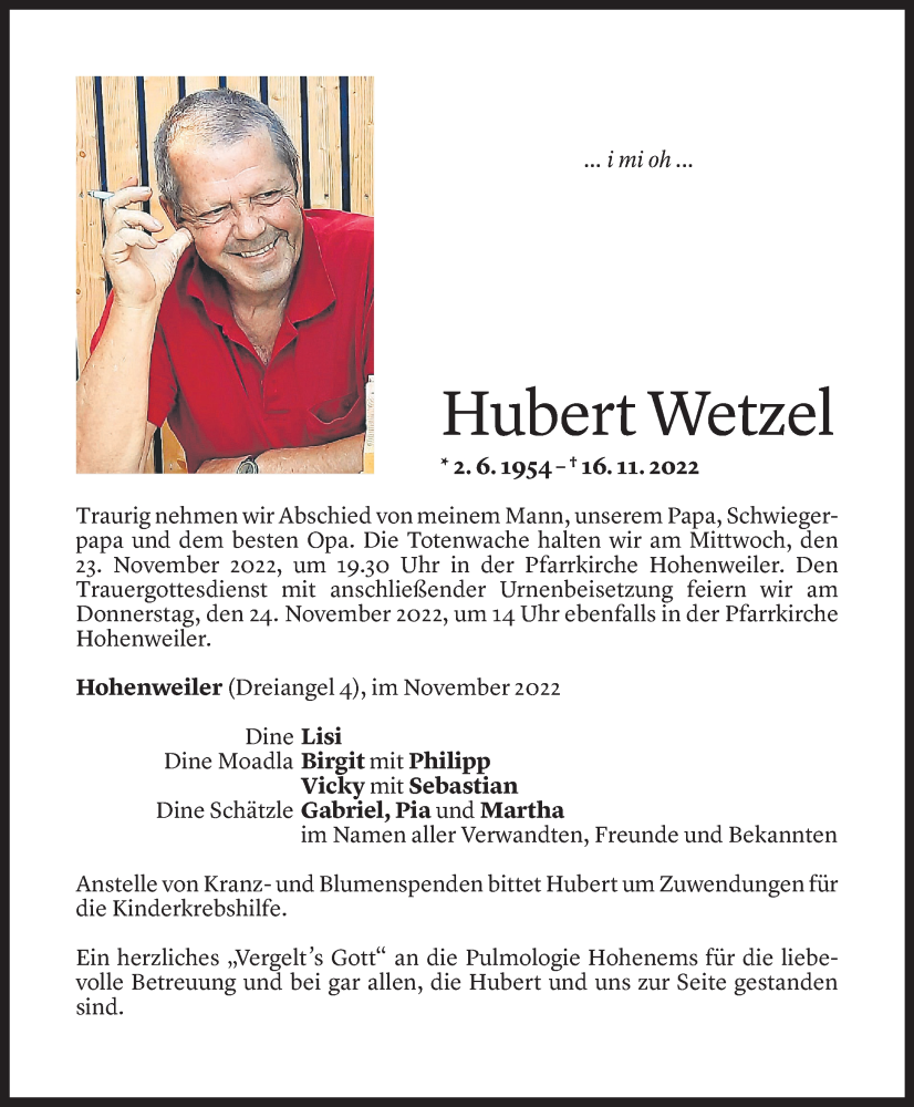  Todesanzeige für Hubert Wetzel vom 20.11.2022 aus Vorarlberger Nachrichten