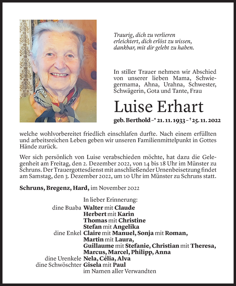  Todesanzeige für Luise Erhart vom 30.11.2022 aus 