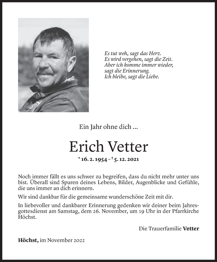  Todesanzeige für Erich Vetter vom 24.11.2022 aus Vorarlberger Nachrichten