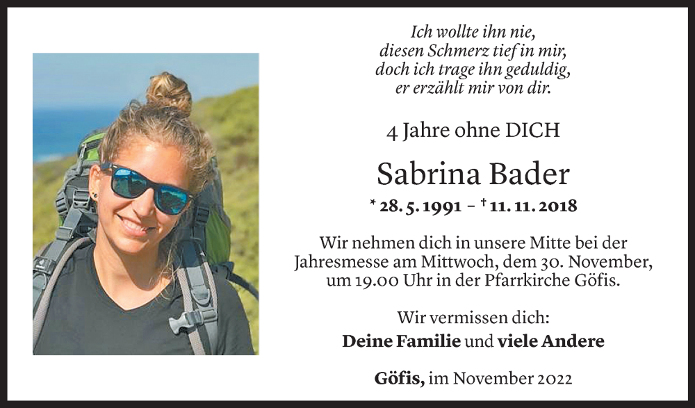  Todesanzeige für Sabrina Bader vom 11.11.2022 aus Vorarlberger Nachrichten