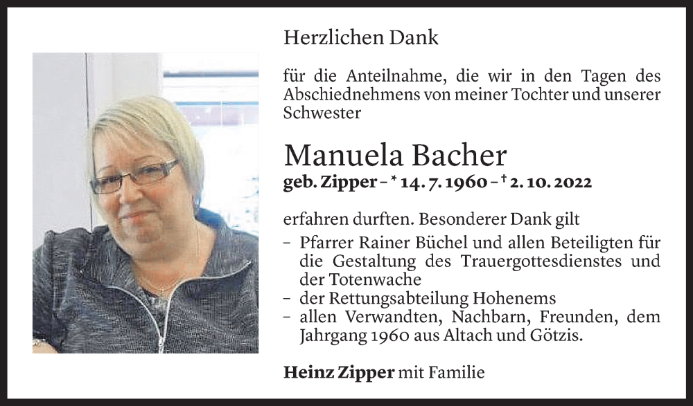  Todesanzeige für Manuela Bacher vom 30.11.2022 aus Vorarlberger Nachrichten