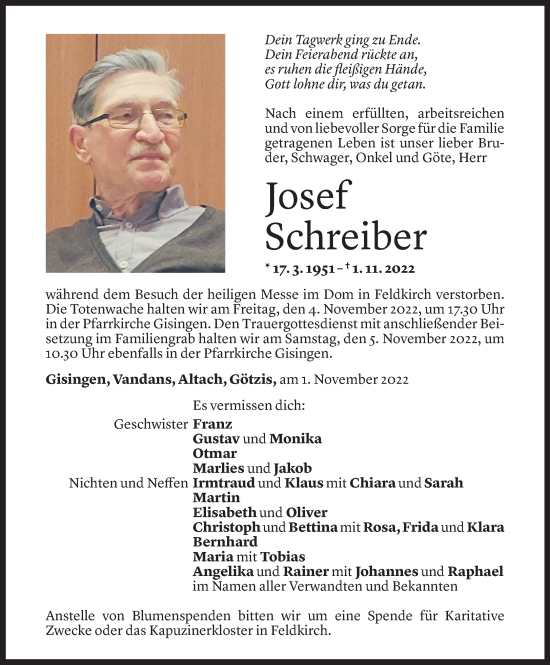 Gedenkkerzen von Josef Schreiber | Todesanzeigen Vorarlberger Nachrichten