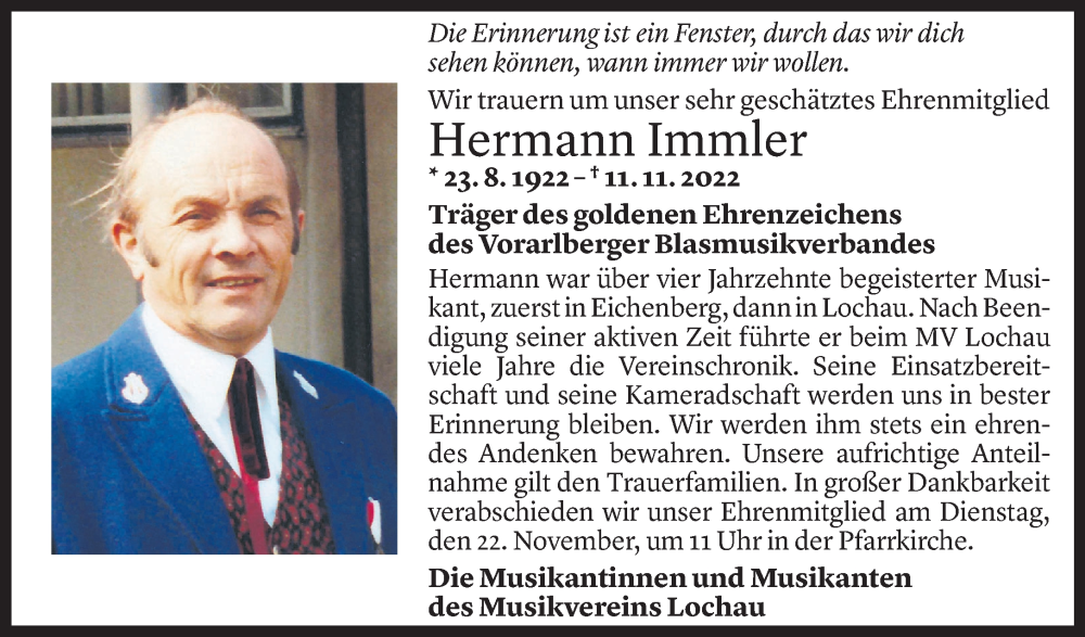  Todesanzeige für Hermann Immler vom 17.11.2022 aus Vorarlberger Nachrichten