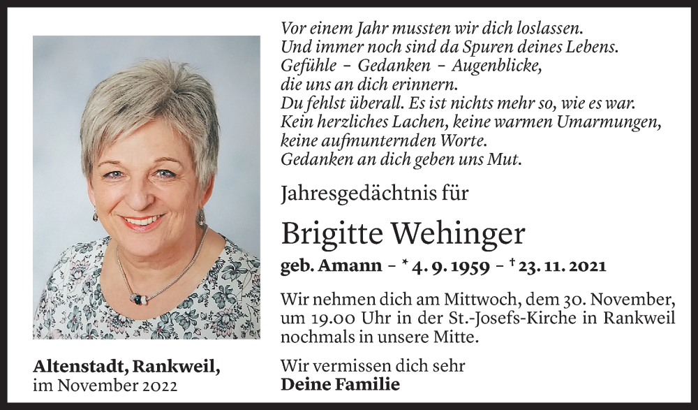  Todesanzeige für Brigitte Wehinger vom 23.11.2022 aus Vorarlberger Nachrichten