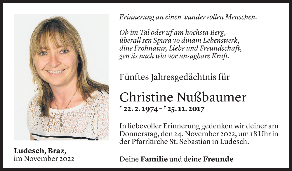  Todesanzeige für Christine Nußbaumer vom 21.11.2022 aus Vorarlberger Nachrichten