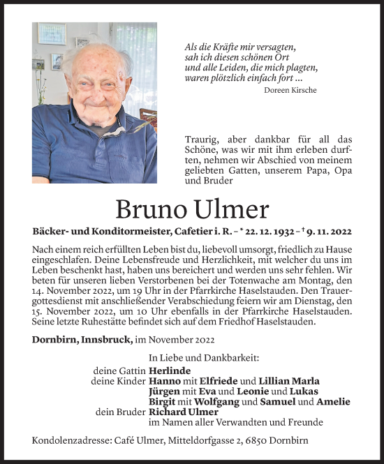 Todesanzeige von Bruno Ulmer von Vorarlberger Nachrichten