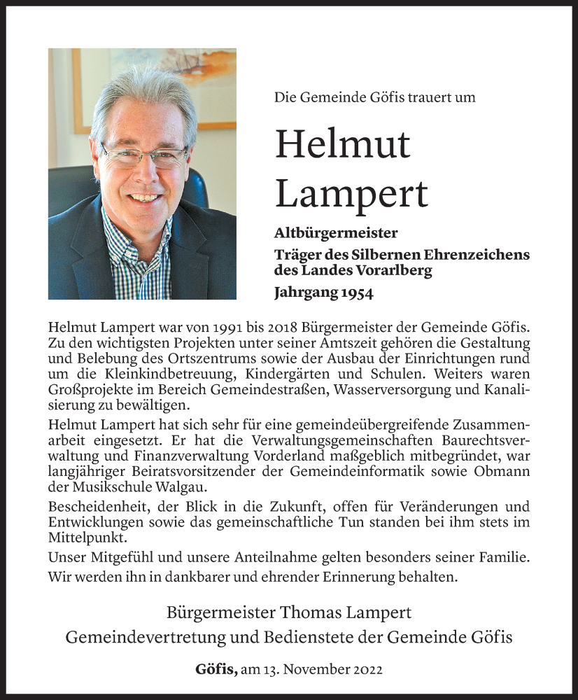  Todesanzeige für Helmut Lampert vom 16.11.2022 aus Vorarlberger Nachrichten