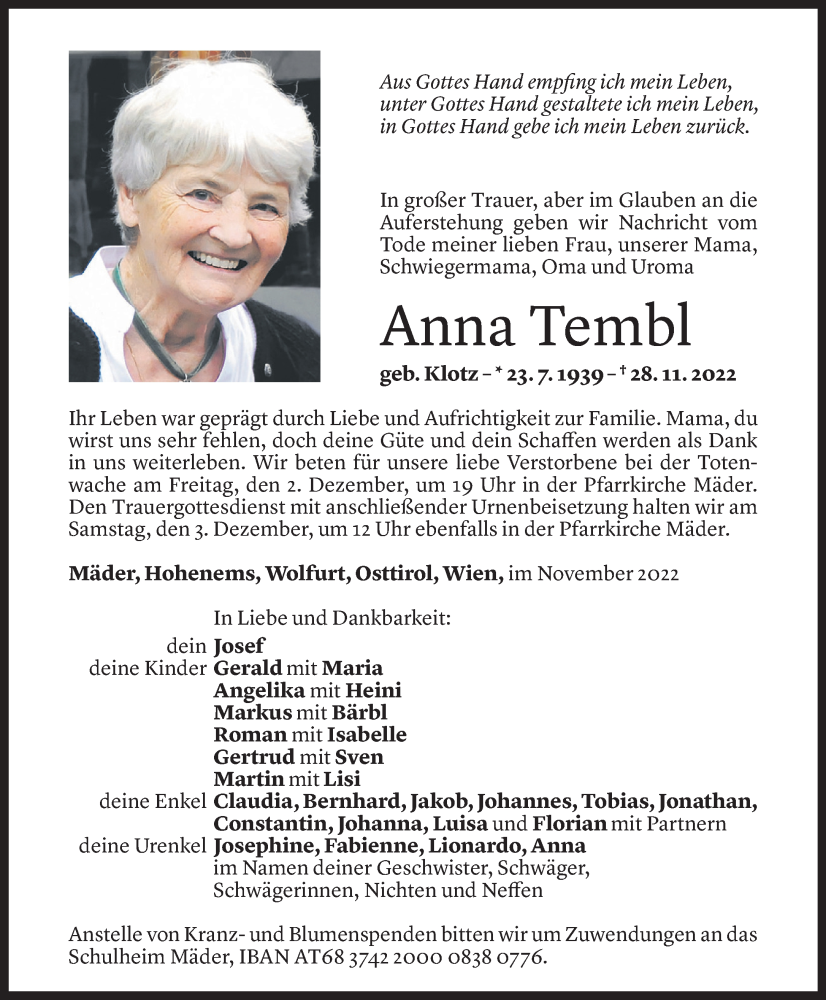  Todesanzeige für Anna Tembl vom 30.11.2022 aus Vorarlberger Nachrichten