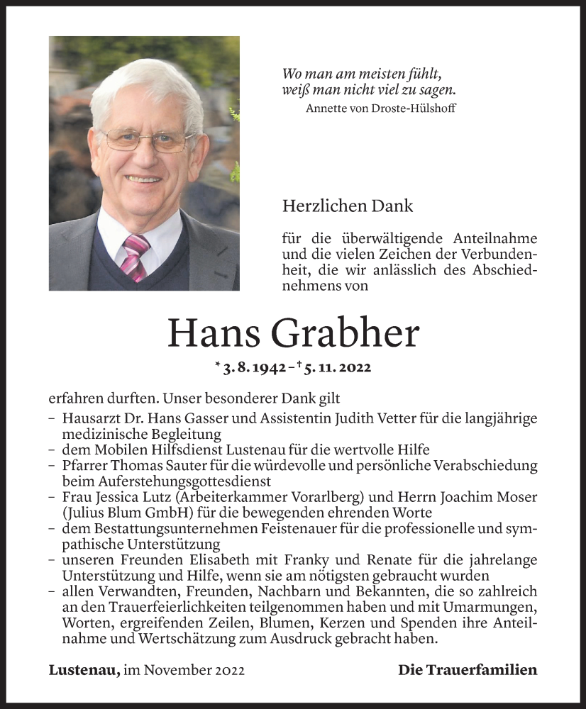  Todesanzeige für Hans Grabher vom 25.11.2022 aus Vorarlberger Nachrichten