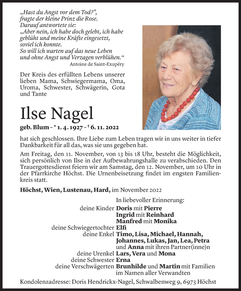  Todesanzeige für Ilse Nagel vom 10.11.2022 aus Vorarlberger Nachrichten