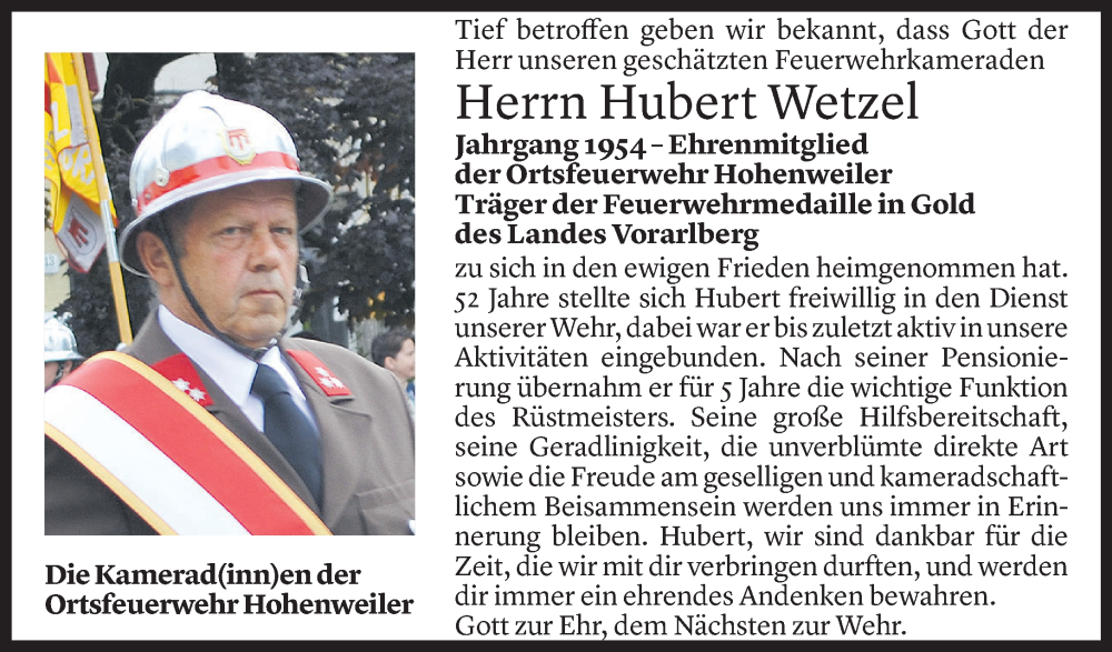  Todesanzeige für Hubert Wetzel vom 20.11.2022 aus Vorarlberger Nachrichten