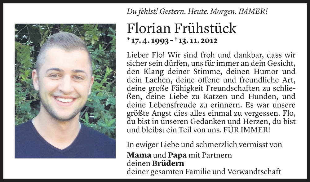  Todesanzeige für Florian Frühstück vom 11.11.2022 aus Vorarlberger Nachrichten