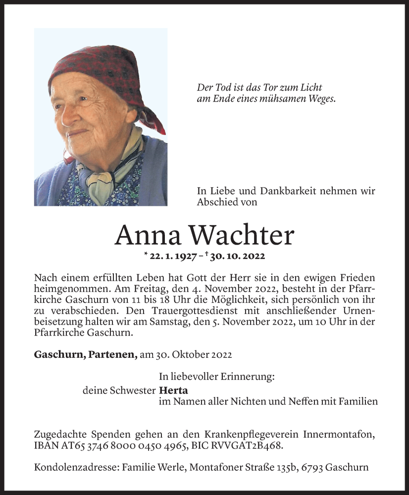  Todesanzeige für Anna Wachter vom 02.11.2022 aus Vorarlberger Nachrichten