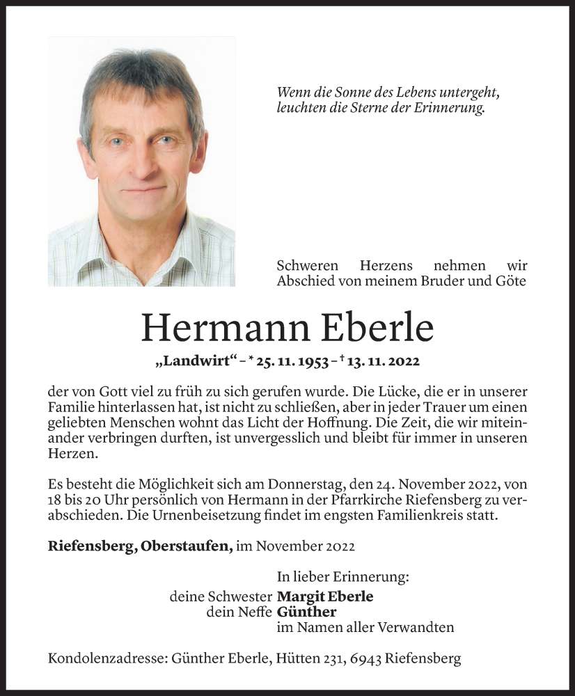  Todesanzeige für Hermann Eberle vom 23.11.2022 aus Vorarlberger Nachrichten