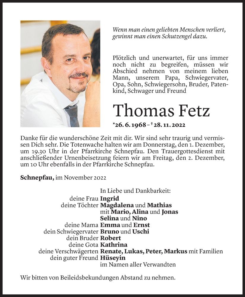  Todesanzeige für Thomas Fetz vom 29.11.2022 aus Vorarlberger Nachrichten